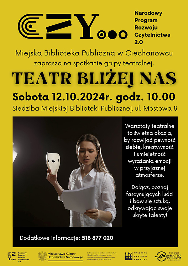 Miejska Biblioteka Publiczna w Ciechanowcu zaprasza na spotkanie grupy teatralnej w ramach działania „Teatr bliżej nas”.