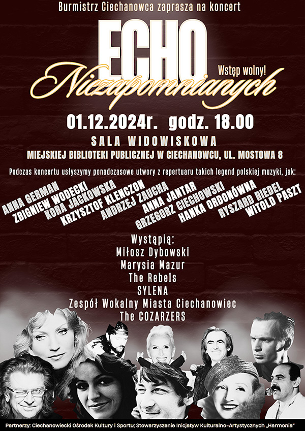 Zaproszenie na koncert utworów legend polskiej muzyki "Echo Niezapomnianych"