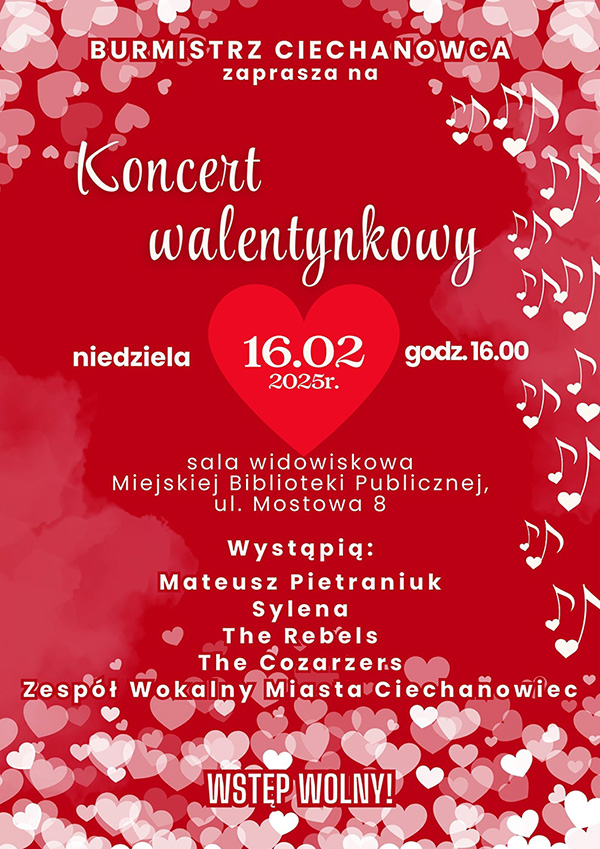 Burmistrz Ciechanowca zaprasza na wyjątkowy Koncert Walentynkowy, pełen miłości i pięknej muzyki